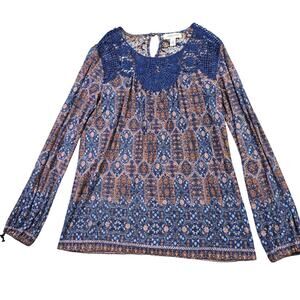 Vintage America Floral Crochet Top Blouse Women Small 70s Hippie Boho Tied Cuffs